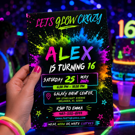 Editable Neon Glow Birthday Invitation Canva Template, Girls Kids Neon Cute Modern Fun Instant DIY Party Invite, Printable Digital Download.