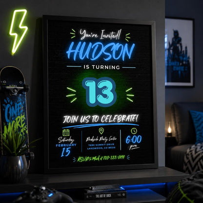 Editable Neon Glow Birthday Invitation Canva Template, Black Boys Neon Cute Fun DIY Chic Kids Teen Party Invite, Printable Digital Download.