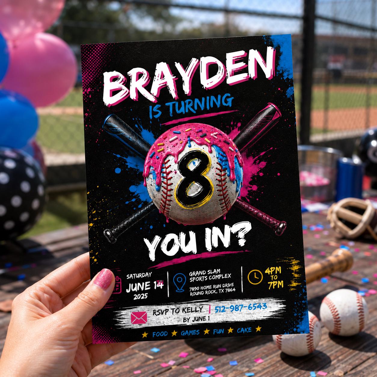 Editable Baseball Drip Birthday Invitation Canva Template, Cream Boys Kids Cute Fun DIY Sweet Chic Party Invite, Printable Digital Download.