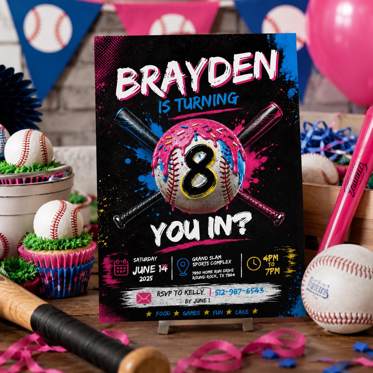 Editable Baseball Drip Birthday Invitation Canva Template, Cream Boys Kids Cute Fun DIY Sweet Chic Party Invite, Printable Digital Download.