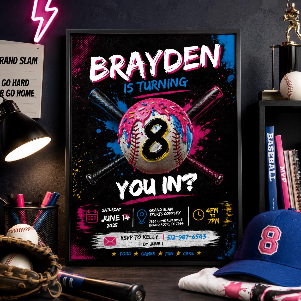Editable Baseball Drip Birthday Invitation Canva Template, Cream Boys Kids Cute Fun DIY Sweet Chic Party Invite, Printable Digital Download.