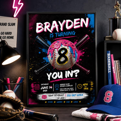 Editable Baseball Drip Birthday Invitation Canva Template, Cream Boys Kids Cute Fun DIY Sweet Chic Party Invite, Printable Digital Download.