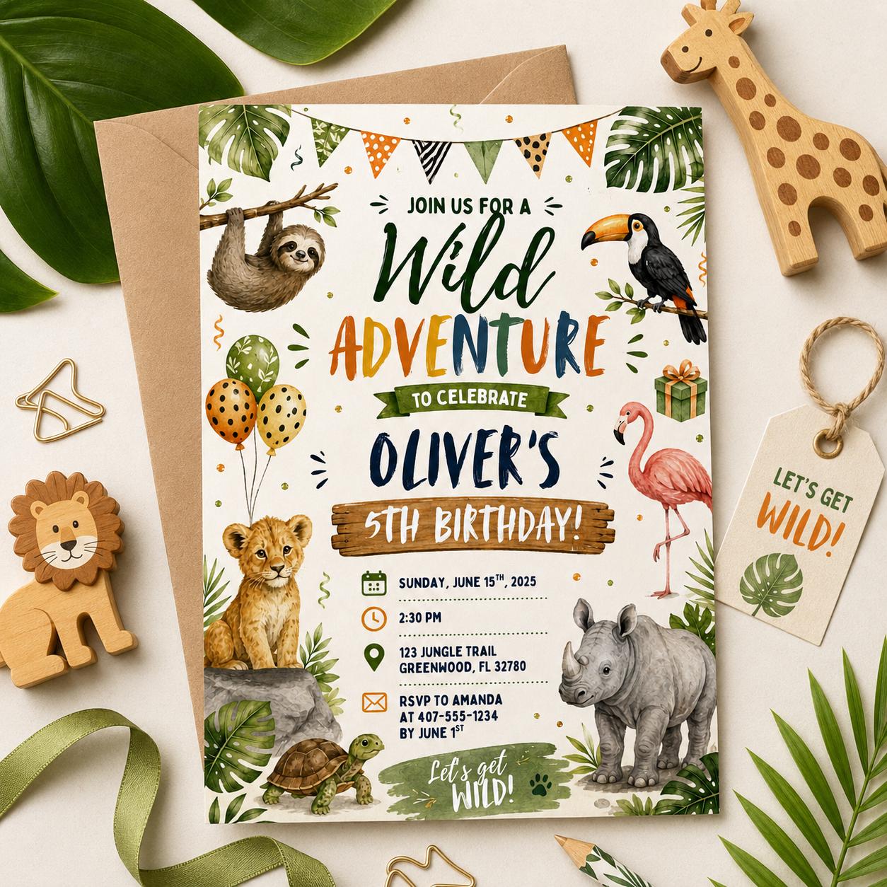 Editable Safari Jungle Birthday Invitation Canva Template, Neon Silver Boys Cute Fun DIY Chic Kids Party Invite, Printable Digital Download.