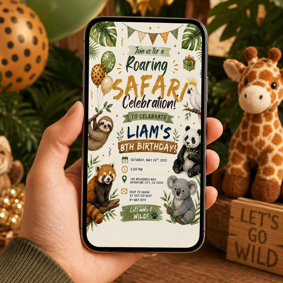 Editable Safari Jungle Birthday Invitation Canva Template, Neon Silver Boys Cute Fun DIY Chic Kids Party Invite, Printable Digital Download.