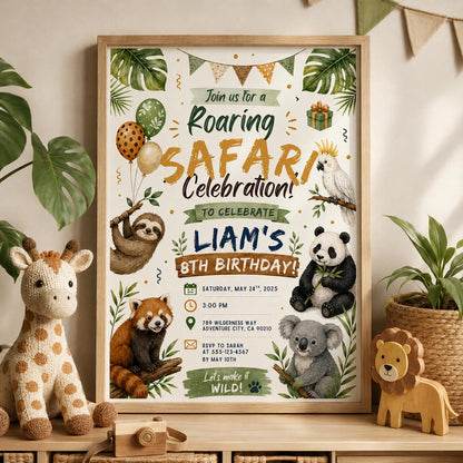 Editable Safari Jungle Birthday Invitation Canva Template, Neon Silver Boys Cute Fun DIY Chic Kids Party Invite, Printable Digital Download.