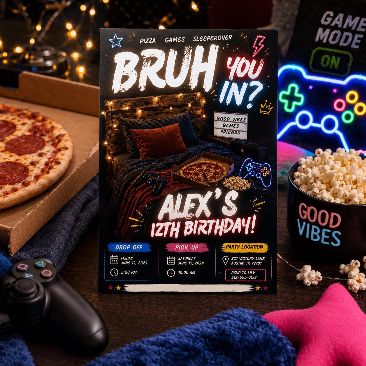 Editable Sleepover Game Night Invitation Canva Template, Boys Teens Cute Modern Fun Themed Custom DIY Sweet Chic Printable Digital Download.