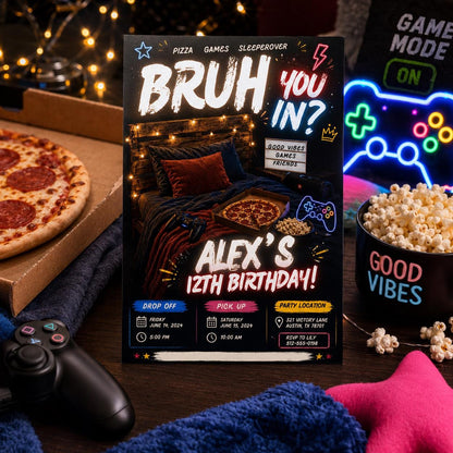 Editable Sleepover Game Night Invitation Canva Template, Boys Teens Cute Modern Fun Themed Custom DIY Sweet Chic Printable Digital Download.