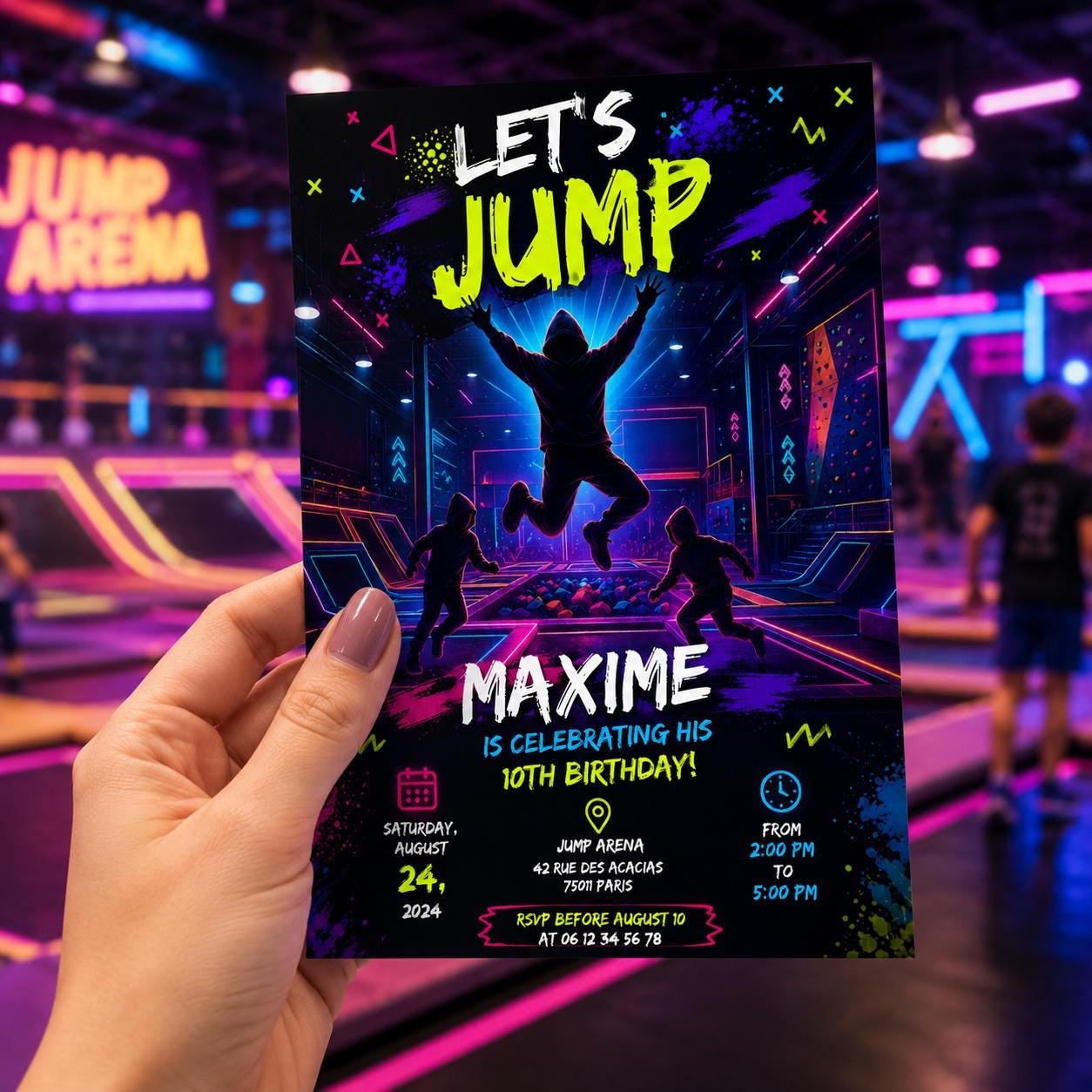 Editable Trampoline Park Birthday Invitation Canva Template, Kids Teens Cute Modern Fun Themed DIY Party Invite, Printable Digital Download.