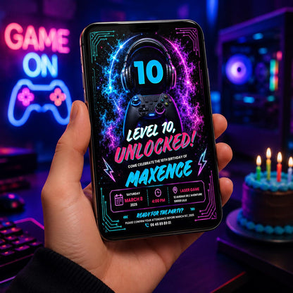 Editable Gamer Birthday Invitation Canva Template, Neon Boys Kids Gamer Cute Modern Fun Themed DIY Party Invite, Printable Digital Download.