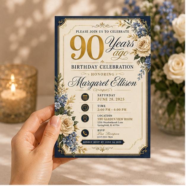 Editable 90th Birthday Invitation Canva Template, Adult Cute Modern Fun Themed DIY Sweet Chic Kids Party Invite, Printable Digital Download.