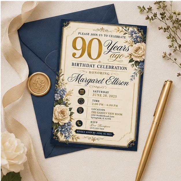 Editable 90th Birthday Invitation Canva Template, Adult Cute Modern Fun Themed DIY Sweet Chic Kids Party Invite, Printable Digital Download.