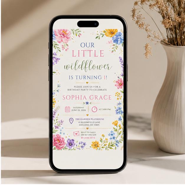 Editable Wildflower Birthday Invitation Canva Template, Floral Girls Kids Cute Modern Fun DIY Chic Party Invite, Printable Digital Download.