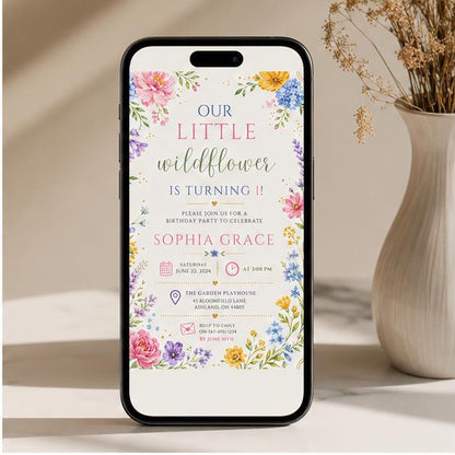 Editable Wildflower Birthday Invitation Canva Template, Floral Girls Kids Cute Modern Fun DIY Chic Party Invite, Printable Digital Download.