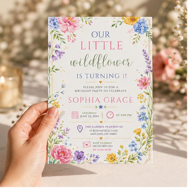 Editable Wildflower Birthday Invitation Canva Template, Floral Girls Kids Cute Modern Fun DIY Chic Party Invite, Printable Digital Download.