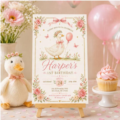 Editable Silly Goose Birthday Invitation Canva Template, Girls Kids Cute Modern Fun DIY Sweet Chic Party Invite, Printable Digital Download.