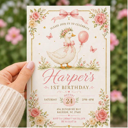 Editable Silly Goose Birthday Invitation Canva Template, Girls Kids Cute Modern Fun DIY Sweet Chic Party Invite, Printable Digital Download.