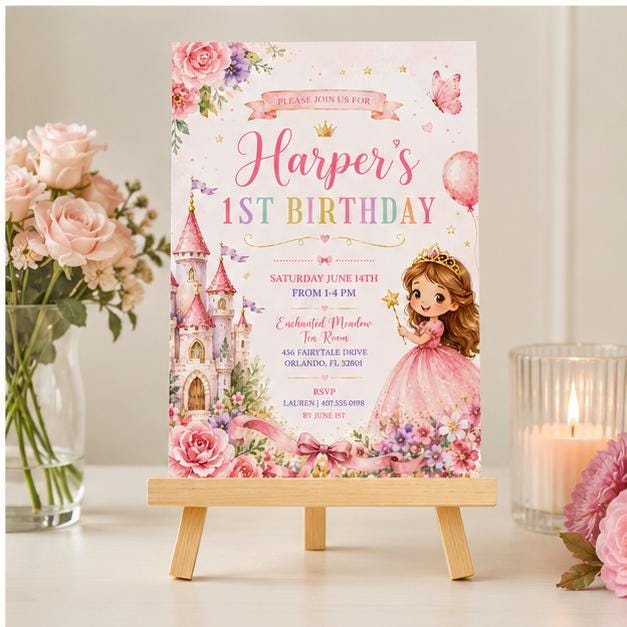 Editable Princess Birthday Invitation Canva Template, Girls Kids Cute Modern Fun Themed Custom DIY Party Invite, Printable Digital Download.