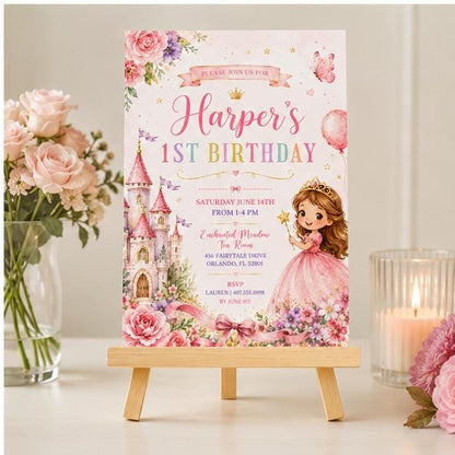 Editable Princess Birthday Invitation Canva Template, Girls Kids Cute Modern Fun Themed Custom DIY Party Invite, Printable Digital Download.