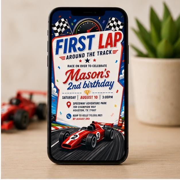 Editable Race Car Birthday Invitation Canva Template, Boys Kids Cute Fun DIY Sweet Chic Teen Tween Party Invite, Printable Digital Download.