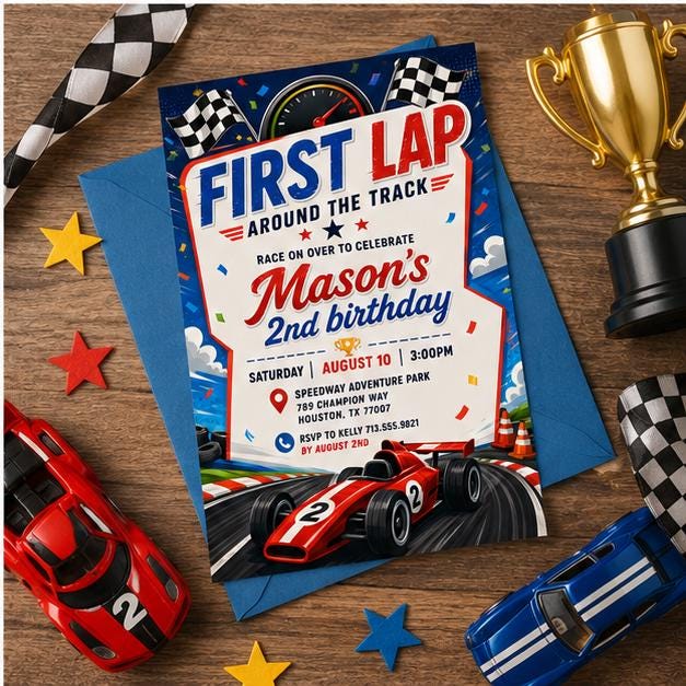 Editable Race Car Birthday Invitation Canva Template, Boys Kids Cute Fun DIY Sweet Chic Teen Tween Party Invite, Printable Digital Download.
