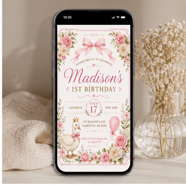 Editable Pink Bow Birthday Invitation Canva Template, Luxury Girls Kids Bow Cute Fun DIY Chic Teen Party Invite, Printable Digital Download.