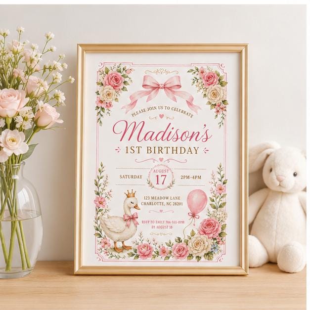 Editable Pink Bow Birthday Invitation Canva Template, Luxury Girls Kids Bow Cute Fun DIY Chic Teen Party Invite, Printable Digital Download.