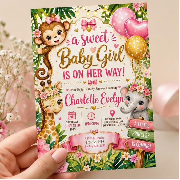 Editable Floral Baby Shower Invitation Canva Template, Pink Green Girls Kids Floral Modern Fun DIY Party Invite, Printable Digital Download.