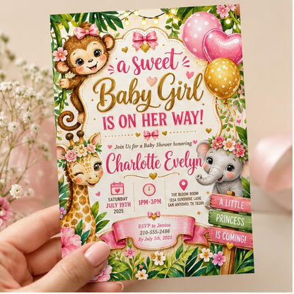 Editable Floral Baby Shower Invitation Canva Template, Pink Green Girls Kids Floral Modern Fun DIY Party Invite, Printable Digital Download.
