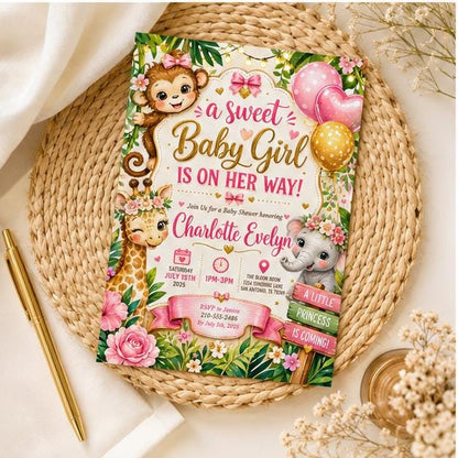 Editable Floral Baby Shower Invitation Canva Template, Pink Green Girls Kids Floral Modern Fun DIY Party Invite, Printable Digital Download.