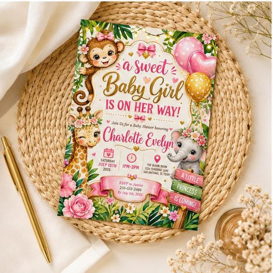 Editable Floral Baby Shower Invitation Canva Template, Pink Green Girls Kids Floral Modern Fun DIY Party Invite, Printable Digital Download.