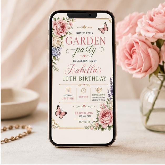Editable Garden Birthday Invitation Canva Template, Floral Girls Cute Fun DIY Sweet Chic Kids Teen Party Invite, Printable Digital Download.