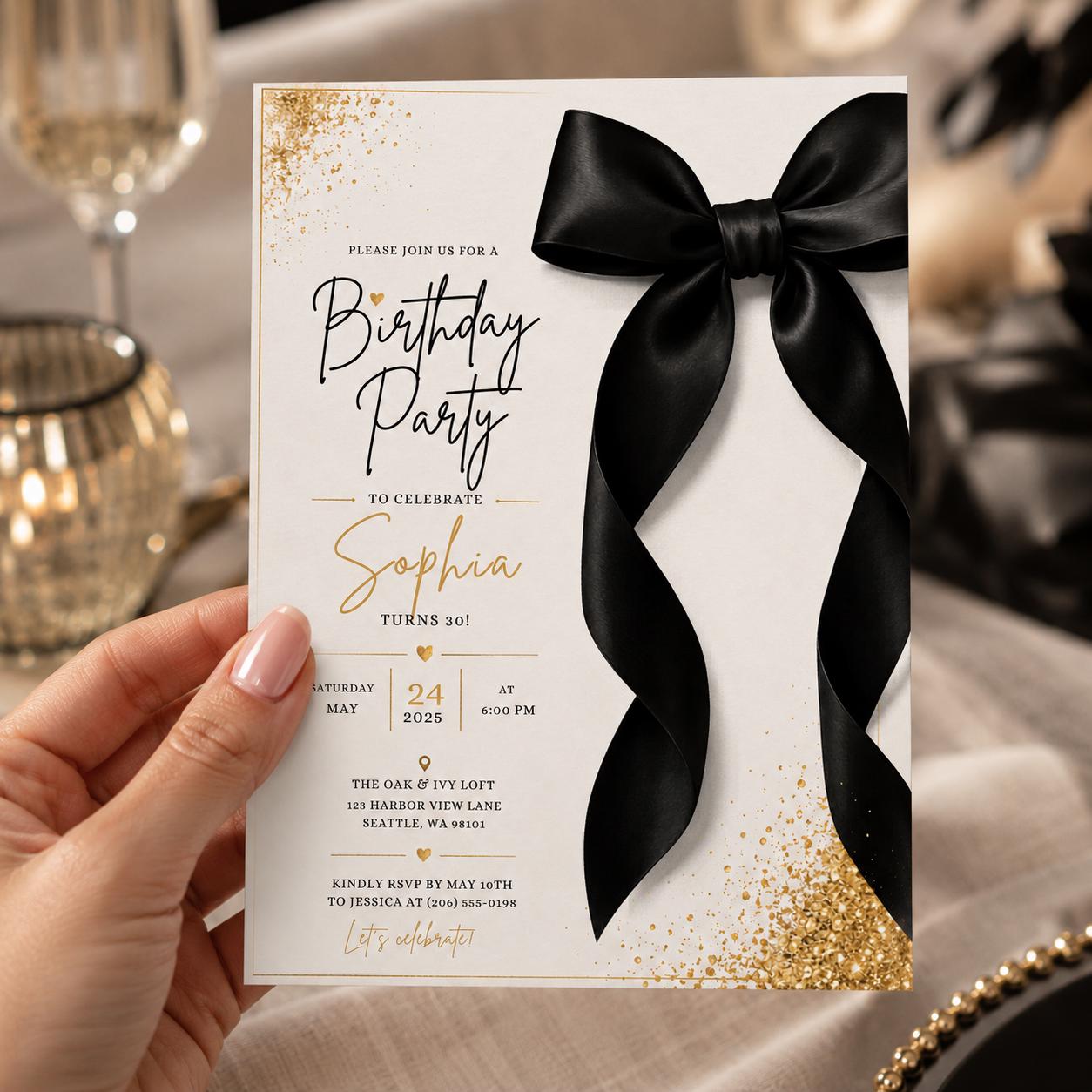 Editable Elegant Birthday Invitation Canva Template, Black White Chic Adult Cute Fun DIY Kids Teen Party Invite, Printable Digital Download.