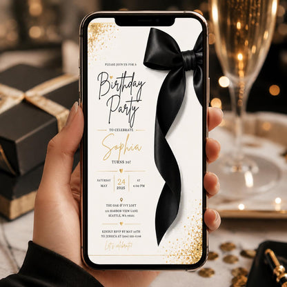 Editable Elegant Birthday Invitation Canva Template, Black White Chic Adult Cute Fun DIY Kids Teen Party Invite, Printable Digital Download.
