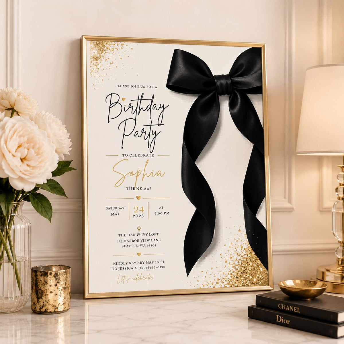 Editable Elegant Birthday Invitation Canva Template, Black White Chic Adult Cute Fun DIY Kids Teen Party Invite, Printable Digital Download.