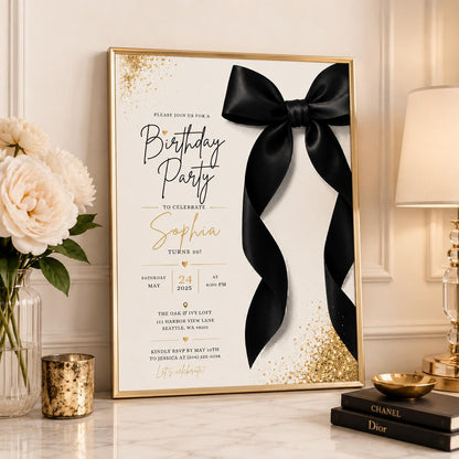Editable Elegant Birthday Invitation Canva Template, Black White Chic Adult Cute Fun DIY Kids Teen Party Invite, Printable Digital Download.