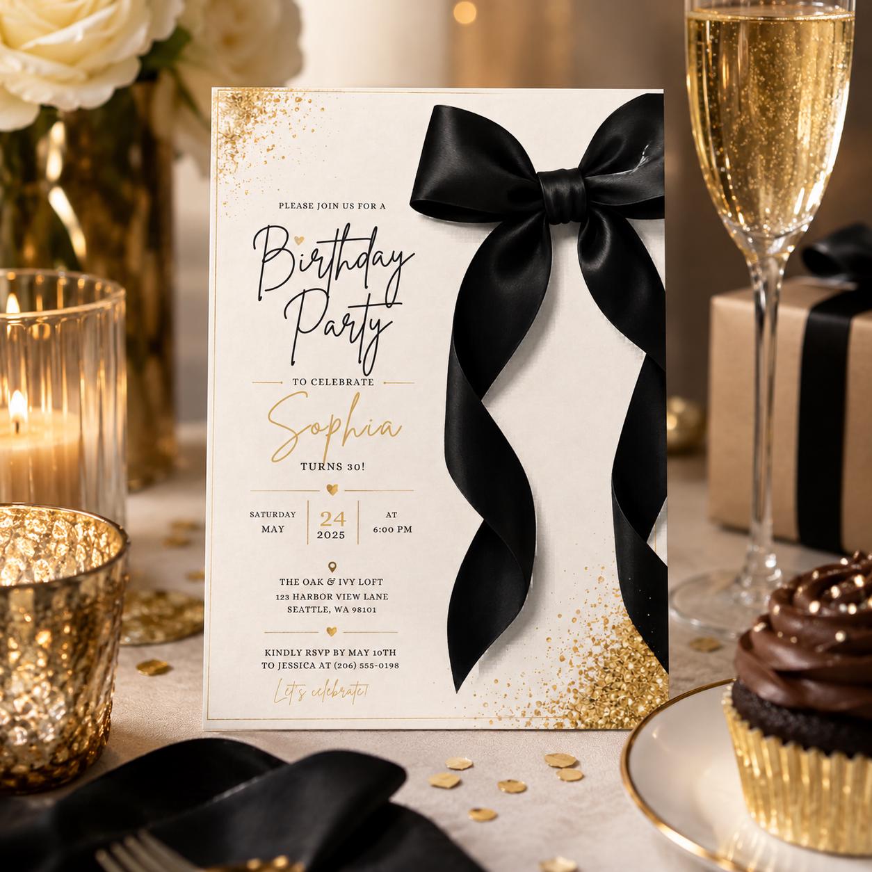 Editable Elegant Birthday Invitation Canva Template, Black White Chic Adult Cute Fun DIY Kids Teen Party Invite, Printable Digital Download.