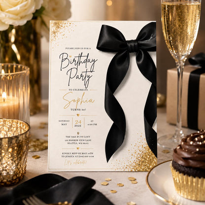 Editable Elegant Birthday Invitation Canva Template, Black White Chic Adult Cute Fun DIY Kids Teen Party Invite, Printable Digital Download.