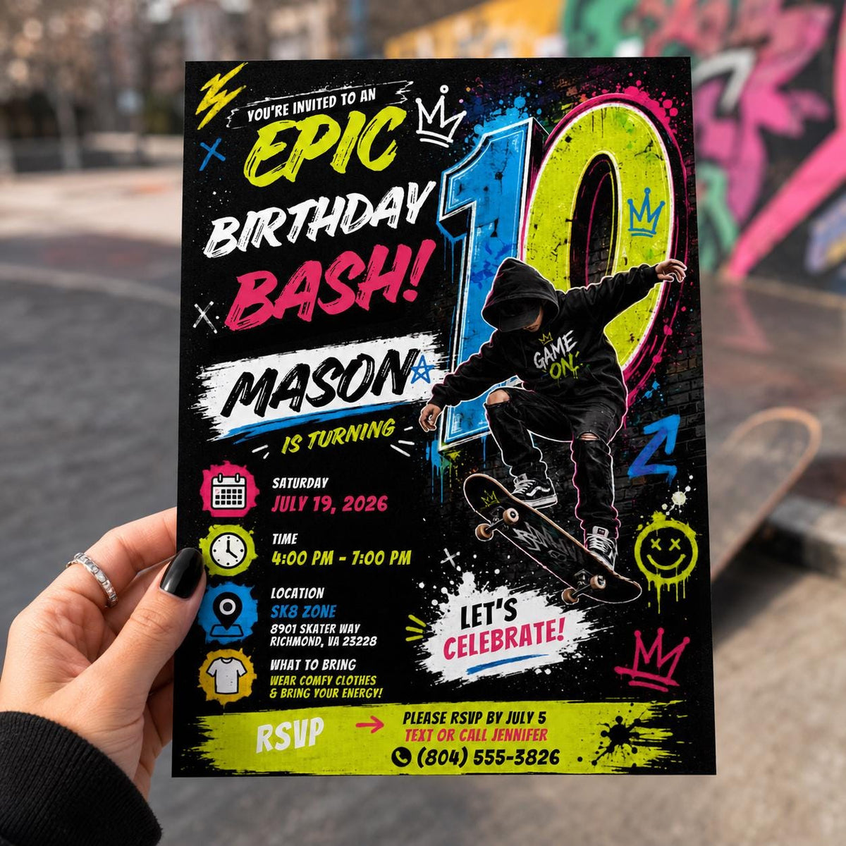 Editable Neon Glow Birthday Invitation Canva Template, Boys Kids Teens Neon Cute Fun DIY Chic Teen Party Invite, Printable Digital Download.