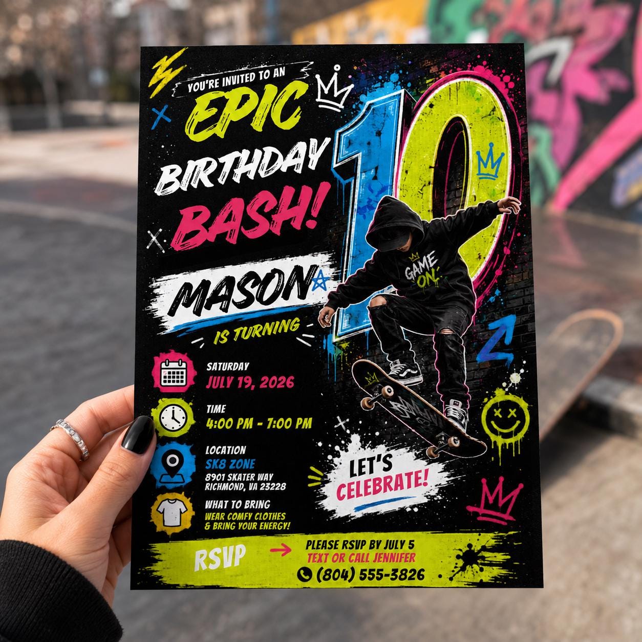 Editable Neon Glow Birthday Invitation Canva Template, Boys Kids Teens Neon Cute Fun DIY Chic Teen Party Invite, Printable Digital Download.