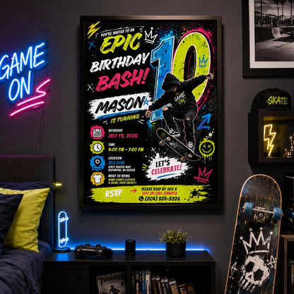 Editable Neon Glow Birthday Invitation Canva Template, Boys Kids Teens Neon Cute Fun DIY Chic Teen Party Invite, Printable Digital Download.