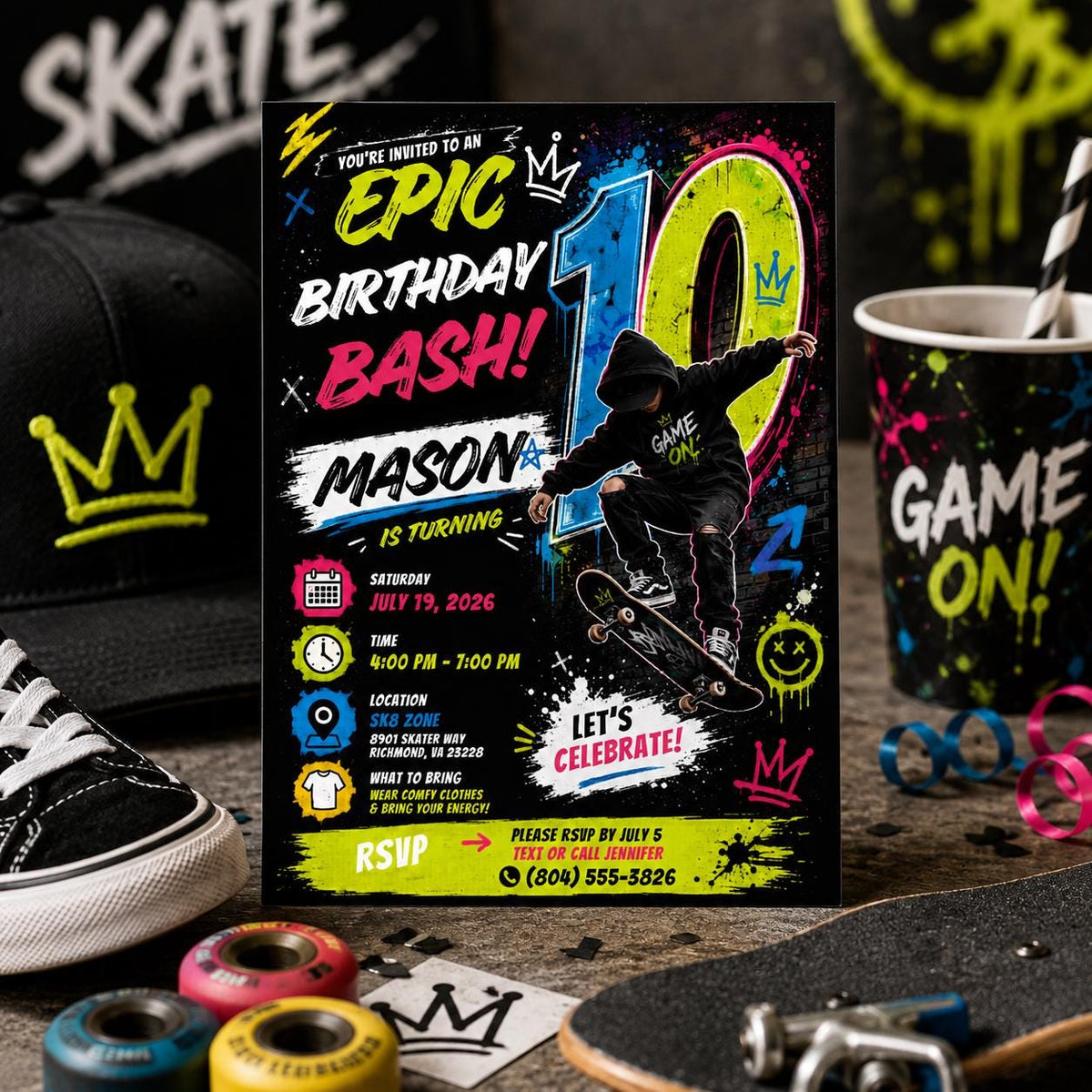 Editable Neon Glow Birthday Invitation Canva Template, Boys Kids Teens Neon Cute Fun DIY Chic Teen Party Invite, Printable Digital Download.
