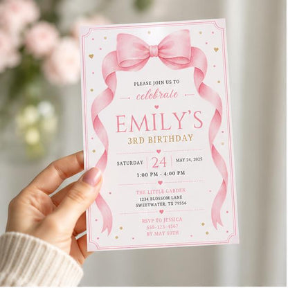 Editable Pink Bow Birthday Invitation Canva Template, Girls Kids Adult Bow Cute Fun DIY Sweet Chic Party Invite, Printable Digital Download.