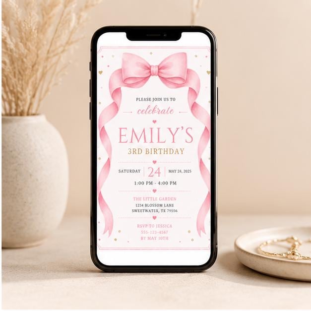 Editable Pink Bow Birthday Invitation Canva Template, Girls Kids Adult Bow Cute Fun DIY Sweet Chic Party Invite, Printable Digital Download.