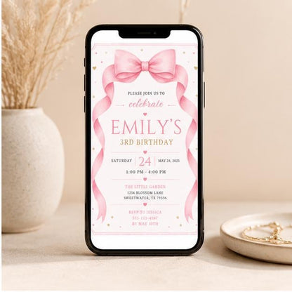 Editable Pink Bow Birthday Invitation Canva Template, Girls Kids Adult Bow Cute Fun DIY Sweet Chic Party Invite, Printable Digital Download.