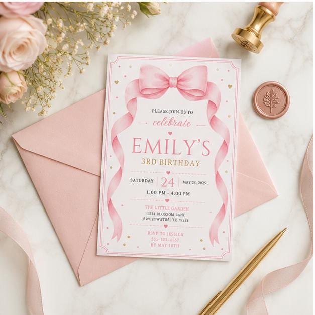 Editable Pink Bow Birthday Invitation Canva Template, Girls Kids Adult Bow Cute Fun DIY Sweet Chic Party Invite, Printable Digital Download.