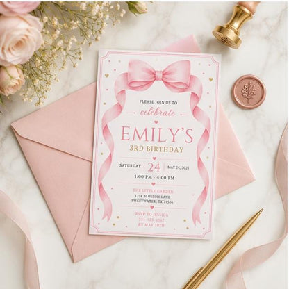 Editable Pink Bow Birthday Invitation Canva Template, Girls Kids Adult Bow Cute Fun DIY Sweet Chic Party Invite, Printable Digital Download.
