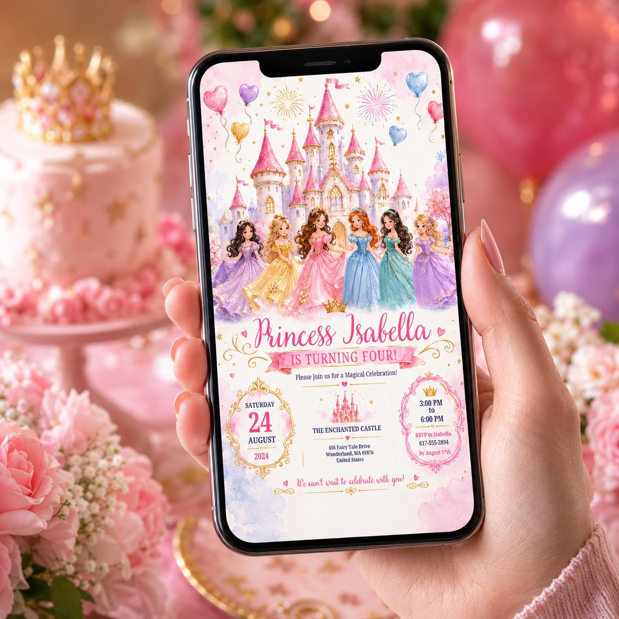 Editable Princess Birthday Invitation Canva Template, Floral Girls Kids Cute Modern Fun Themed DIY Party Invite, Printable Digital Download.