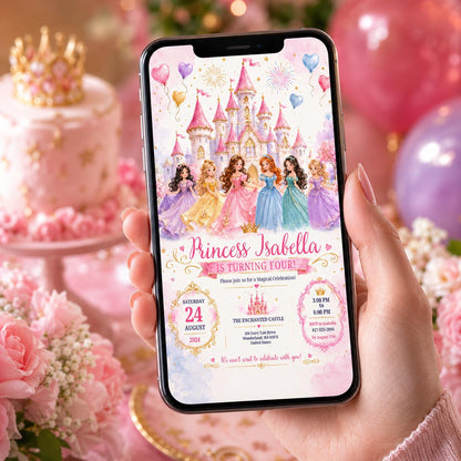 Editable Princess Birthday Invitation Canva Template, Floral Girls Kids Cute Modern Fun Themed DIY Party Invite, Printable Digital Download.