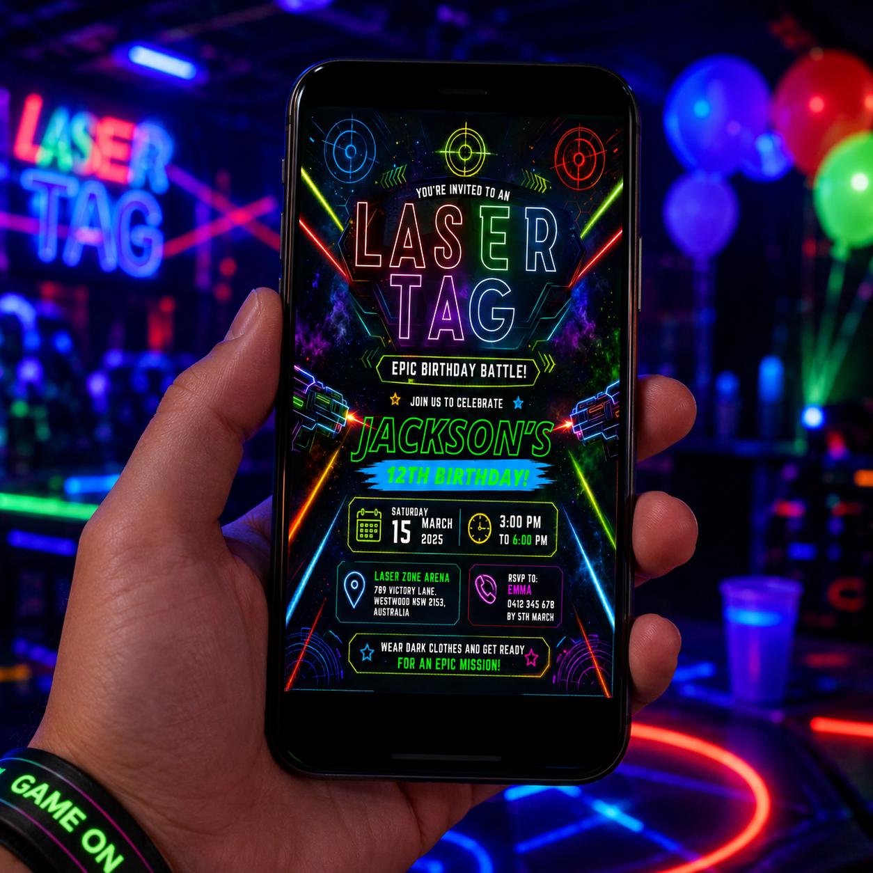 Editable Neon Glow Birthday Invitation Canva Template, Kids Teens Neon Cute Modern Fun Instant DIY Party Invite, Printable Digital Download.