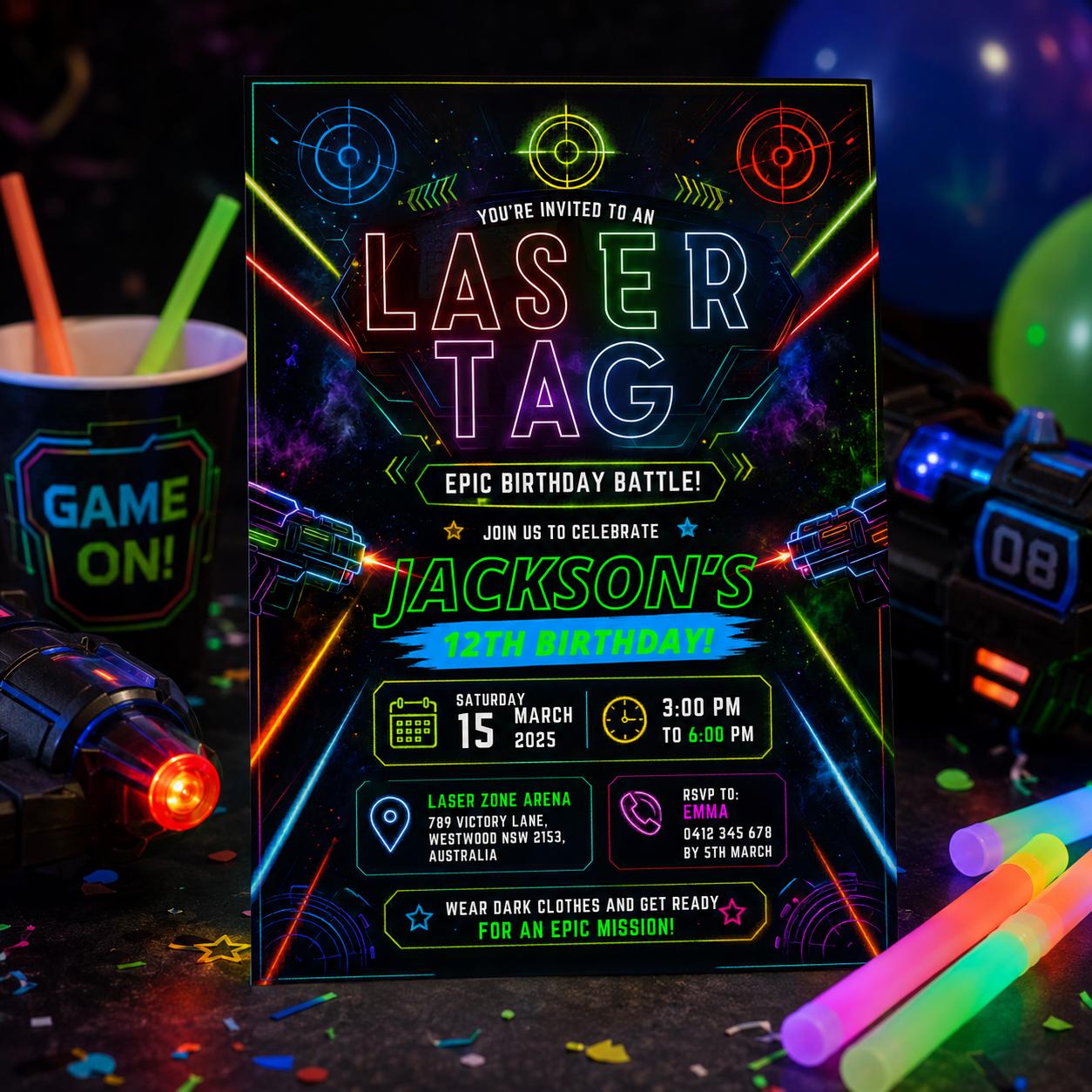 Editable Neon Glow Birthday Invitation Canva Template, Kids Teens Neon Cute Modern Fun Instant DIY Party Invite, Printable Digital Download.